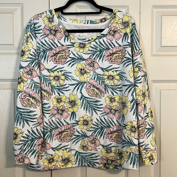 LOU & GREY Size Medium Tropical Cozy Cotton Terry Sweatshirt White Yellow Pink - Picture 2 of 7